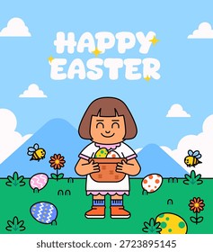 Niña sonriente que sostiene una cesta del huevo de Pascua en un prado de la primavera con los huevos coloridos, las flores, y las abejas. Perfecto para tarjetas de felicitación de Pascua, contenido para niños y diseños de vacaciones linda ilustración de dibujos animados