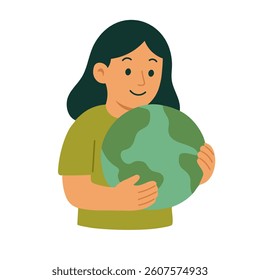 Smiling girl holding a green planet symbolizing love, care and protection of the Earth.
