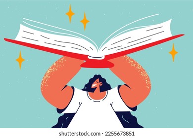 Smiling girl holding huge book in hands love reading. Happy child with textbooks enjoy literature. Education and learning. Vector illustration. 