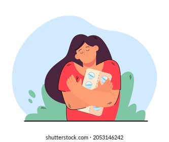 Smiling girl holding hugging pills packaging. Happy woman feeling optimistic taking antidepressant tablets medicines. Flat vector illustration. Healthcare, stress free concept.