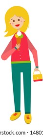 Smiling girl holding an ice-cream in her right hand and small handbag in her left hand. Girl has a blonde hair. Flat vector illustration.