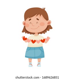 Smiling Girl Holding Made From Paper Heart Garland Vector Illustration