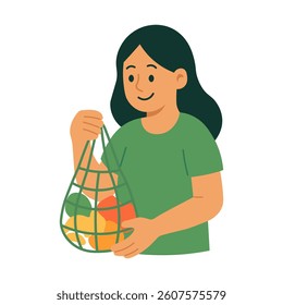 Smiling girl holding mesh bag with fruits. Promotes zero waste shopping and sustainable lifestyle.