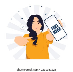 Smiling girl holding mobile smart phone standing and showing thumbs up positive gesture. Ok sign concept illustration