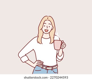 Smiling girl holding mug. Hand drawn style vector design illustrations.