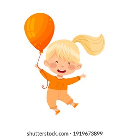 Smiling Girl Holding Orange Toy Balloon Vector Illustration