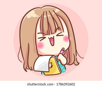 Smiling Girl holding pencil and note paper cartoon art illustration Premium Vector
