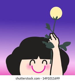 Smiling Girl Holding Up Plant Stem Against Moon In Dark Purple Pink Sky Concept Card Character illustration