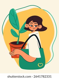 Smiling girl holding pot with houseplant. Concept of caring for nature, ecology, and eco friendly lifestyle. Doodle style isolated vector illustration