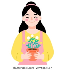 Smiling Girl Holding a Potted Plant