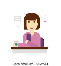 Smiling girl holding a smart phone, chatting in a cafe. Simple vector cartoon in flat style isolated on white background. Social network communication illustration.