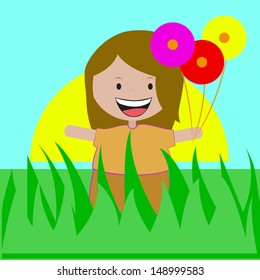 smiling girl holding some flowers with his hands up in the middle of a daytime landscape setting.
