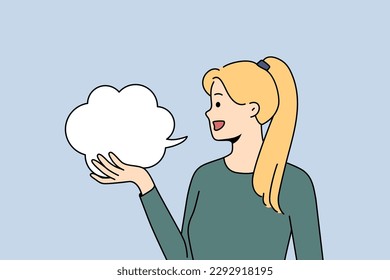 Smiling girl holding speech bubble express opinion or thought. Happy woman with talk balloon talk or say something. Vector illustration. 