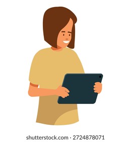 Muchacha sonriente que sostiene la tableta, navegando por Internet, leyendo noticias, jugando o trabajando