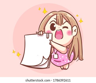 Smiling Girl Holding  white paper cartoon art illustration Premium Vector