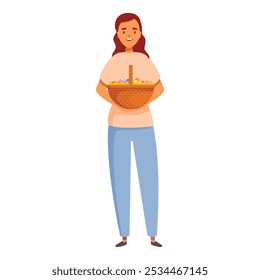 Smiling girl holding wicker basket full of painted easter eggs, celebrating easter concept