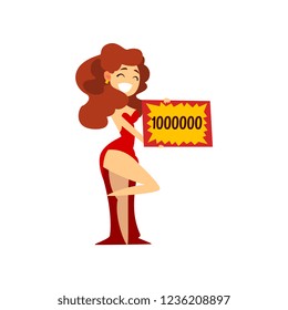 Smiling girl holding winning check for one million dollars, quiz show concept vector Illustration on a white background