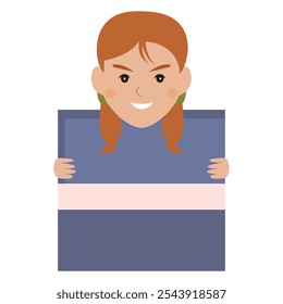 Smiling girl holding a wrapped gift box in a simple vector style.