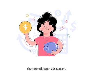A smiling girl holds a piggy bank and a coin in her hands. Element for the design of presentations, applications and websites. trend illustration. Vector illustration