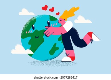 Smiling girl hug kiss planet earth show care and love to environment and nature. Happy young woman embrace globe think of ecological and environment safety. Green activist. Vector illustration. 