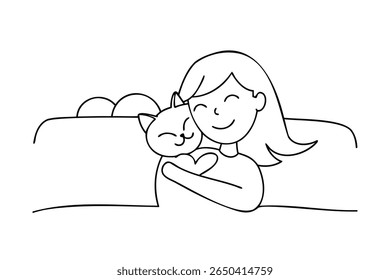 Smiling girl hugging a cat with closed eyes on a couch in line art child animal