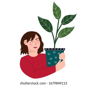 smiling girl hugs a plant, gardener woman character isolated on white background 