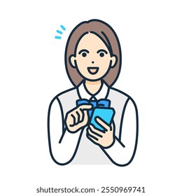 A smiling girl. Illustration of a high school girl in a blazer holding a smartphone.