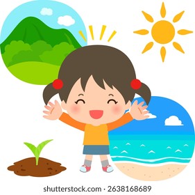 Smiling girl with images of mountains, ocean and nature