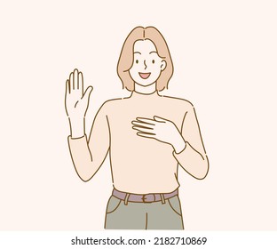 Smiling girl introduce herself, raising hand up and say hello. Hand drawn in thin line style, vector illustrations. 