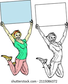 Smiling girl jump with a blank rectangular placard signboard above her head. Hand drawn vector illustration.