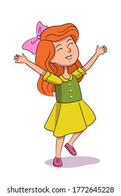 Smiling girl jumping for joy and hands up. Cute child wearing dress and bow in hair, isolated person on white background. Vector character illustration of children gestures, emotions, types of moods