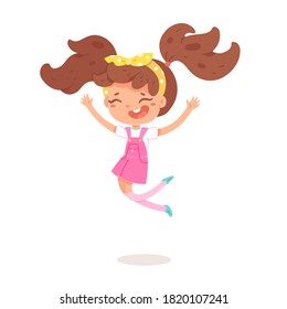 Smiling girl jumping for joy and hands up. Cute child wearing dress and bow in hair, isolated person on white background. Vector character illustration of children gestures, emotions, types of moods