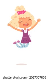 Smiling girl jumping for joy and hands up. Cute child wearing dress and bow in hair, isolated person on white background. Vector character illustration of children gestures, emotions, types of moods.