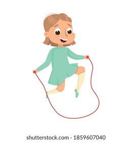 Smiling Girl Jumping with Skipping Rope, Kid Having Fun on Playground Cartoon Style Vector Illustration