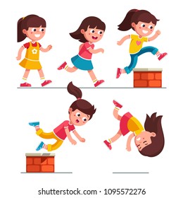 Smiling Girl Kid Walking, Running, Jumping, Stumbling On Small Brick Obstacle And Falling Down. Child Cartoon Characters Set. Childhood Trip Over Hazard. Flat Vector Illustration Isolated On White