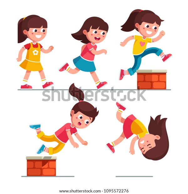 笑顔の女の子が歩き 走り 跳び 小さなレンガの障害物につまずき 転ぶ 子カートーンキャラクタセット 子ども時代の危険を乗り越える 白い背景に平らなベクターイラスト のベクター画像素材 ロイヤリティフリー