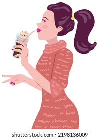 Smiling Girl In Knitted Dress Drinks Frappuccino From A Straw. Hand Drawn Vector Illustration. Suitable For Website, Stickers, Postcards.