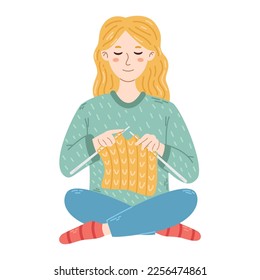 Smiling girl knitting warm clothes. Relaxing hobby. Vector illustration in flat design. Cozy crafting hobby. Young woman knit things on the needles.