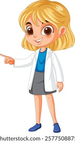 Smiling girl in a lab coat pointing forward