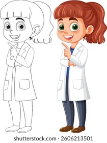 Smiling girl in a lab coat pointing
