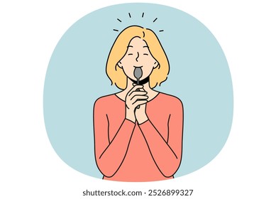 Smiling girl licking spoon after tasty food or dessert. Happy woman with cutlery after tasting or eating. Vector illustration.