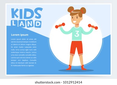 Smiling girl lifting dumbbells, kids land banner flat vector element for website or mobile app