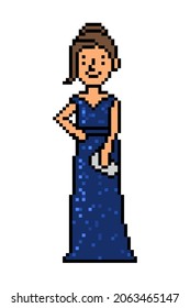 Smiling girl in long blue sparkly evening dress, 8 bit pixel art character isolated on white.Cocktail party look woman.Old school vintage retro 80s, 90s 2d computer, video game, slot machine graphics.