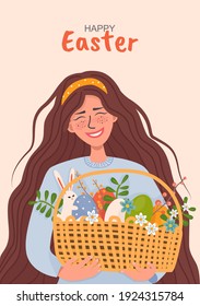 smiling girl with long brown hair with a basket of Easter eggs,spring flowers and an Easter bunny.Postcard concept for Easter. vector stock background in cartoon style.Young,happy woman with a bouquet