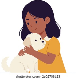 A smiling girl with long dark hair embraces her cute white puppy, showcasing a tender moment filled with joy and love in a colorful, minimalistic design.