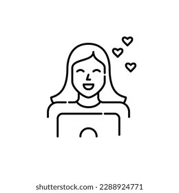 Chica sonriente con el pelo largo en su laptop conversando en el sitio web de citas. Atracción romántica y coqueteo. Icono perfecto de píxeles