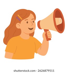 Smiling girl with long hair holding a megaphone and speaking out, symbolizing voice and empowerment.