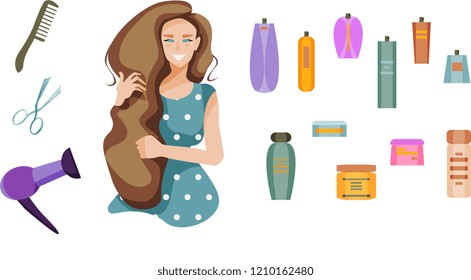 Smiling girl with long hair and hair products: hair dryer, comb, scissors, shampoo, hair balm, spray, etc. All elements in groups, easy to change and move. Seamless pattern.