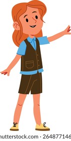 A smiling girl with long hair and a vest is waving in a playful style. The character wears a shirt and shorts, expressing joy and friendliness. Cartoon vector illustration.