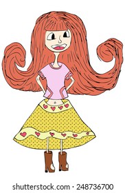 Smiling girl with long red hair, pink T-shirt, yellow skirt, on high heels boots, vector, illustration